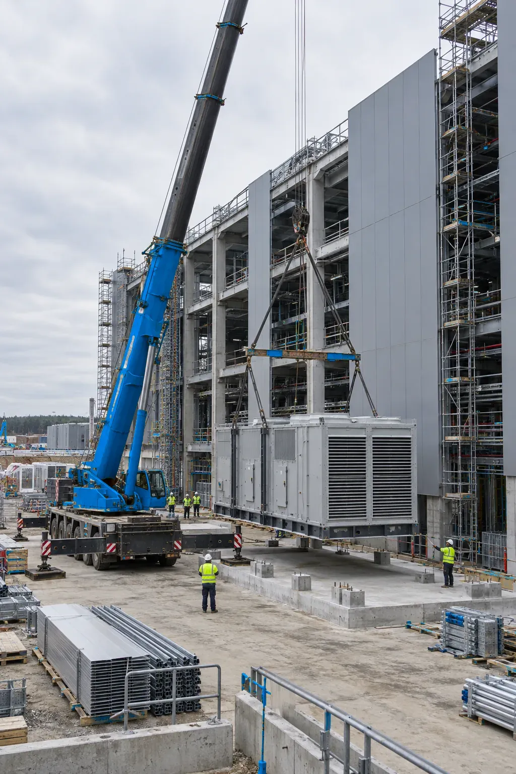 Crane lowering a power module at a data centre construction site