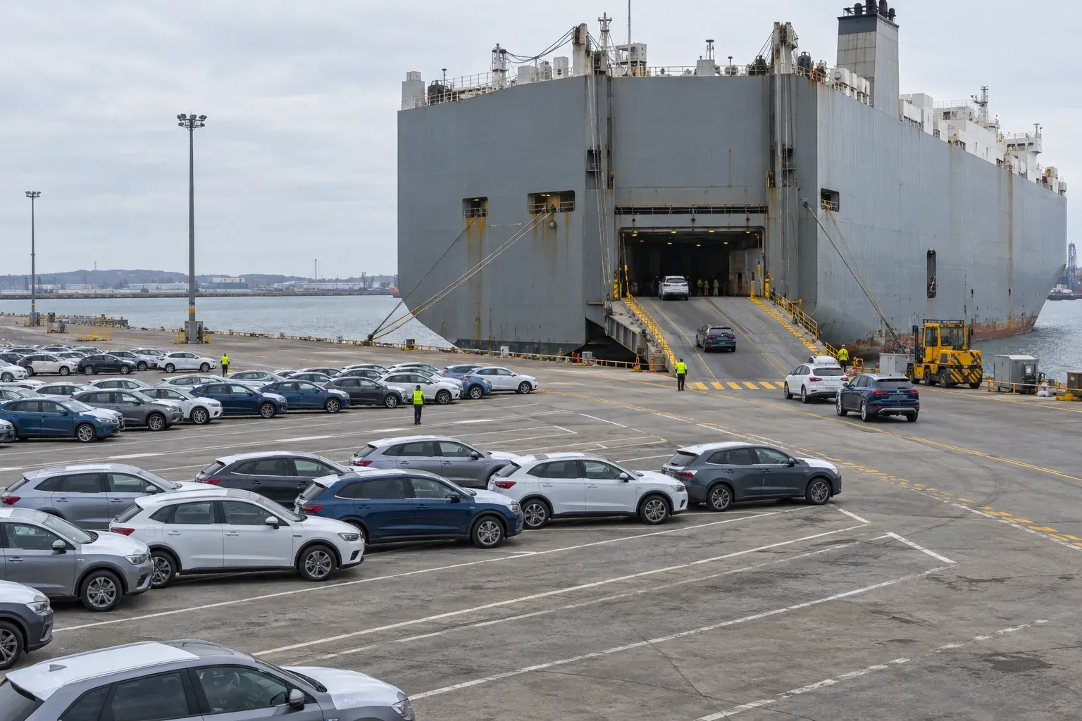 New vehicles staged beside a car-carrier ship at port