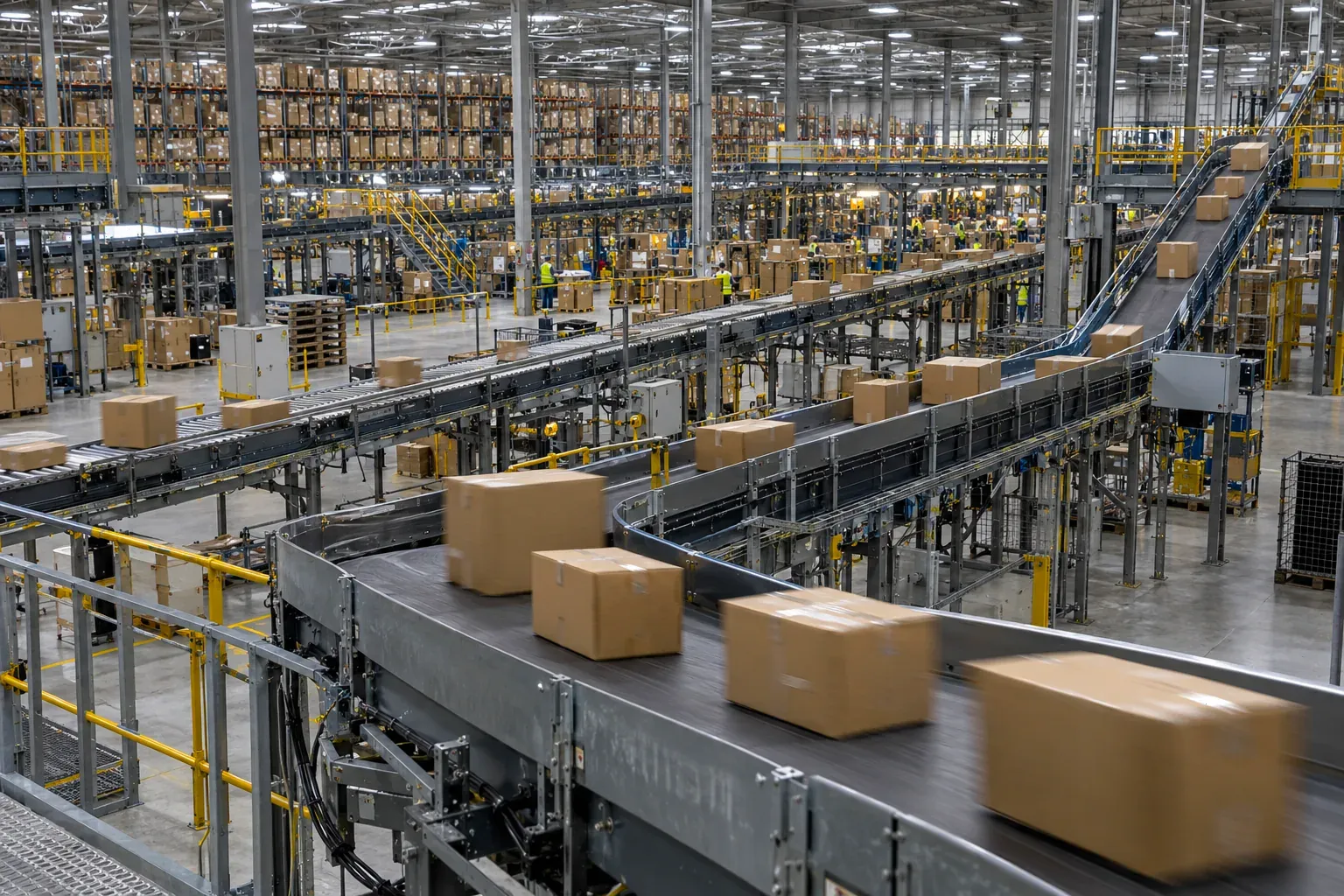Parcels moving along conveyor lines in a fulfilment centre