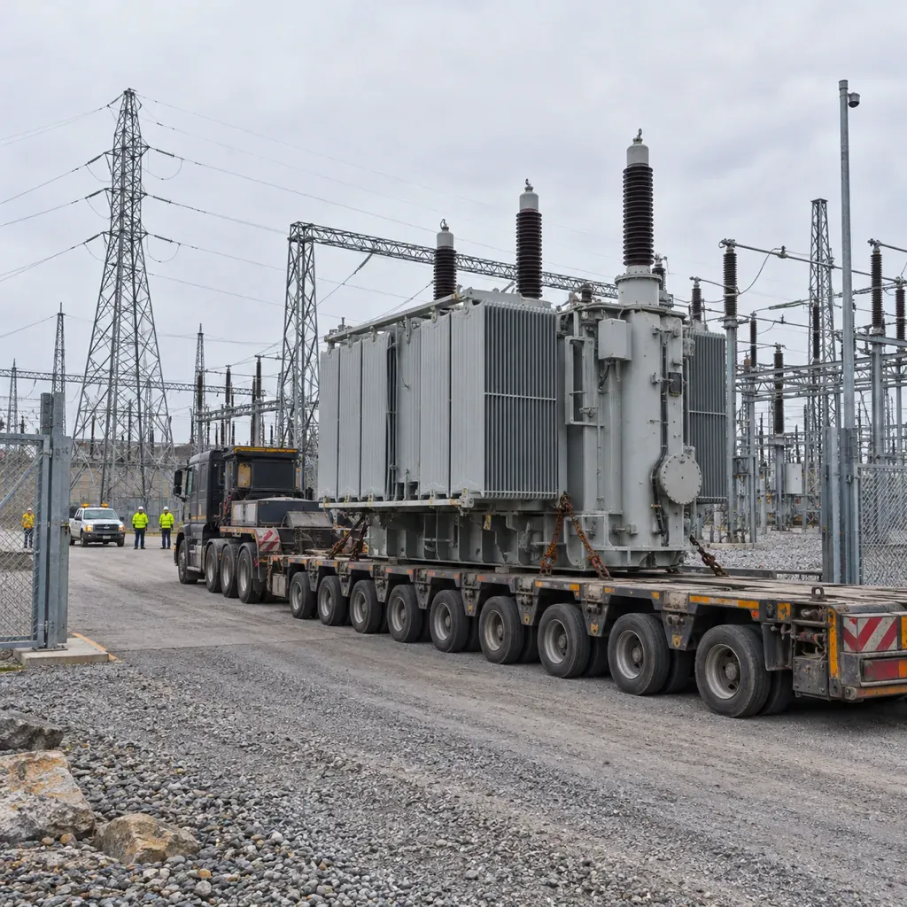 Grid transformer on a heavy-haul trailer at a substation