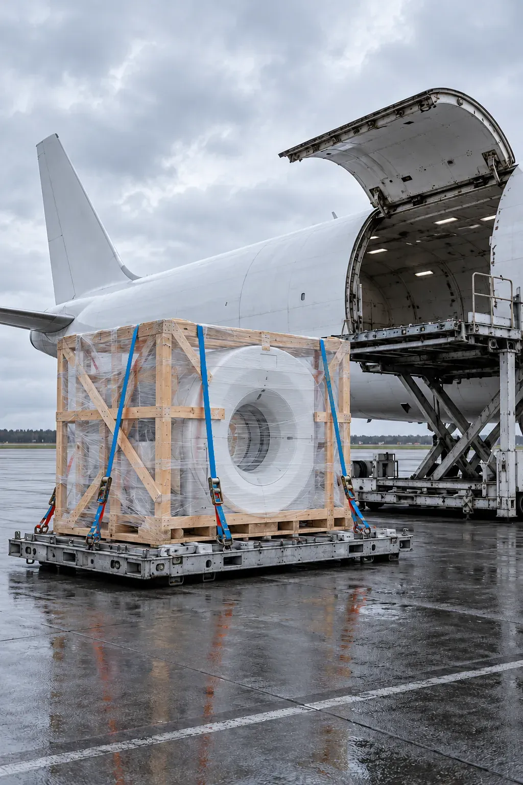 Crated medical imaging system staged beside a freighter on the apron